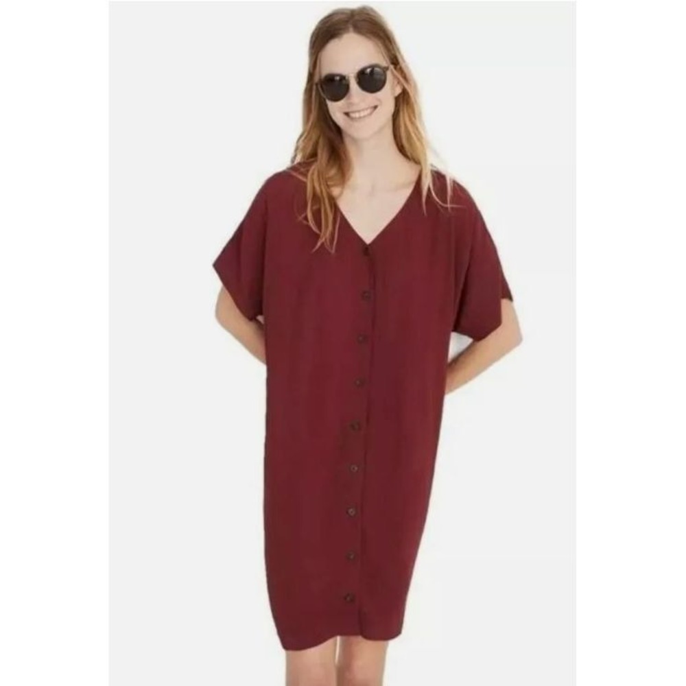 Madewell Button Front Easy Mini Dress Size XXS Burgundy Red Crepe Short Sleeve